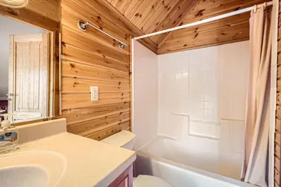 a bathroom with a toilet and a sink and a tub at Luxury Home for 12 with Hot Tub Sauna & Mtn Views in Breckenridge