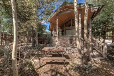 a wooden cabin with a picnic table and a bench at Perfect Getaway Cabin with Nearby Hike&Bike Trails in Breckenridge