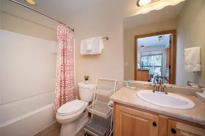 a bathroom with a toilet and a sink and a mirror at Trailhead Lodges Building 701 Unit 731 in Winter Park