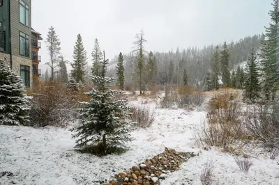 a snow covered yard with a christmas tree and rocks at Timber Fox Building B Unit 2102 in Winter Park