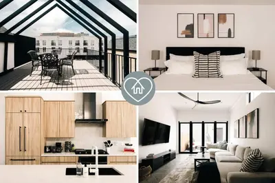 a collage of photos of a bedroom and a living room at New Modern Luxe Stay - Roof Deck - Center of RiNo in Denver