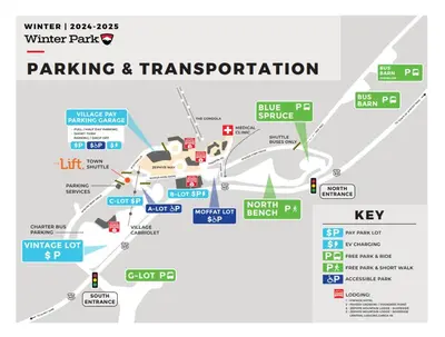 a map of the winter park parking and transportation at Founders Pointe 4355 Ski In Ski Out Winter Park Resort in Winter Park