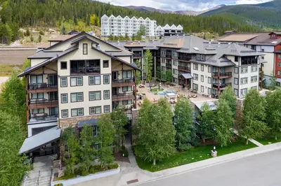 an aerial view of a apartment complex in a town at Fraser Crossing 3423 Ski In Ski Out Winter Park Resort in Winter Park