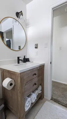 a bathroom with a sink and a mirror at Charming 1BR Close to Trails & NREL Monthly Rental - Quaker Room 2 in Golden