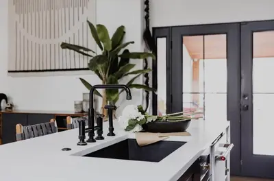 a kitchen sink with a potted plant on a counter at Midtown Oasis in Fort Collins