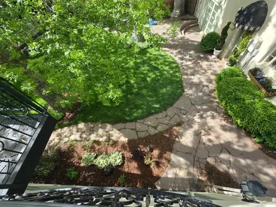 an overhead view of a garden with a sidewalk and a stove at Luxury Living in the city in Denver