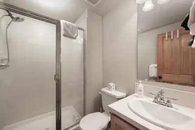 a bathroom with a shower and a toilet and a sink at 130 Discovery Court at Rendezvous home in Fraser