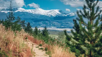 a dirt road with snow capped mountains in the background at 130 Discovery Court at Rendezvous home in Fraser