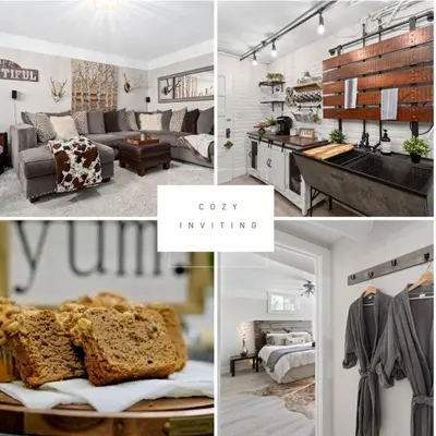 a collage of pictures of a kitchen and a living room at The Urban Roost I A Rustic City Escape in Denver