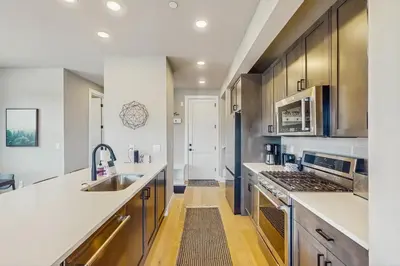 a kitchen with stainless steel appliances and a sink at Modern Mountain View in Fraser