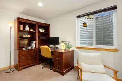 an office with a desk and a chair and a window at Rigden Retreat Garage, Dog Friendly, Near Trails in Fort Collins