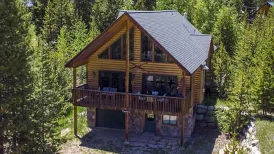 an overhead view of a log cabin in the woods at Columbine Cabin, 0019 in Grand Lake