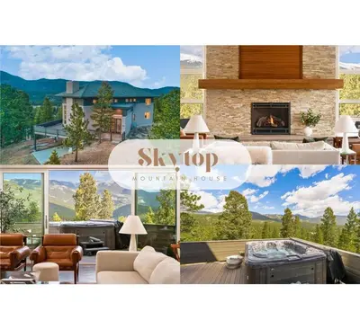 a collage of photos of a living room and a house at Summit Solace LUXE 360 Views Hot Tub Games in Bailey