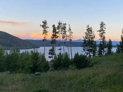 a group of trees on a hill next to a lake at Lula in Grand Lake