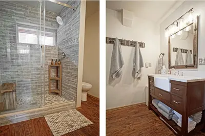 two pictures of a bathroom with a shower and a sink at Pet Friendly, Firepit, Wrap around Porch, Close to Lake Granby and Highland Marina in Grand Lake