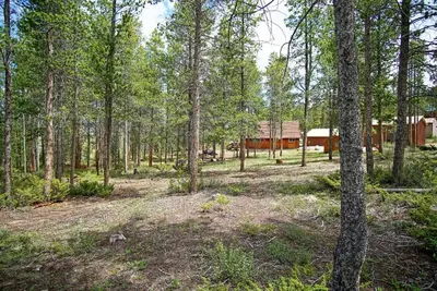 a view of a forest with a cabin in the background at Pet Friendly, Firepit, Wrap around Porch, Close to Lake Granby and Highland Marina in Grand Lake
