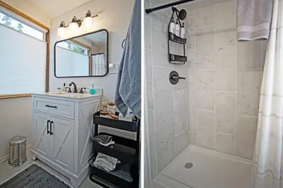 a bathroom with a sink and a shower at New Listing, Great Backyard with Firepit, Pet Friendly, Wood Burning Stove in Grand Lake