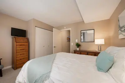 a bedroom with a large bed and a television at Versatile Rental, Firepit, Balcony with Grill and Outdoor Seating in Fraser