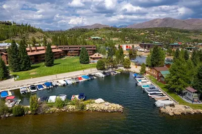 an aerial view of a marina with boats in the water at Lakefront Condo, Ground Floor, Ideal for Couples or Families in Grand Lake