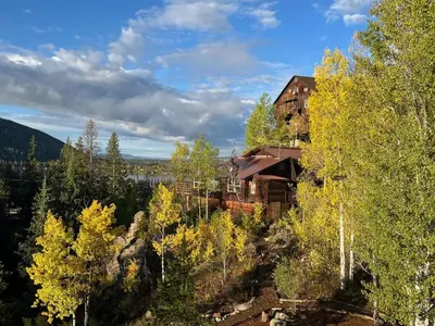 an aerial view of a house in the trees at Shadowcliff Rempel Lodge in Grand Lake