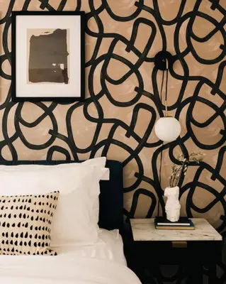 a bedroom with a black and white patterned wall at House of Noir Elan Stunning 6BR Designer Retreat in Arvada