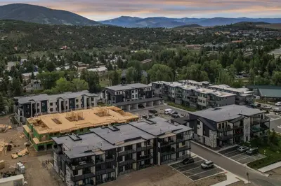 an aerial view of a building under construction at 4-Season Modern Mountain Penthouse with Private Hot Tub & Scenic Views in Silverthorne