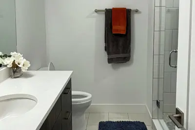 a bathroom with a sink and a toilet and a shower at Modern Mountain Nest in Silverthorne