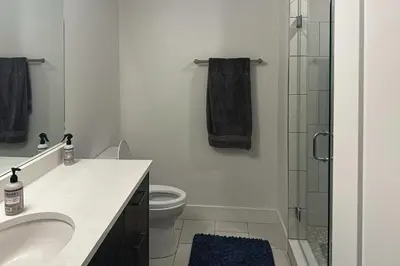 a bathroom with a toilet and a sink and a shower at Modern Mountain Nest in Silverthorne