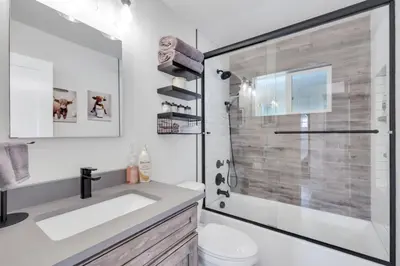 a bathroom with a shower and a sink and a toilet at Cozy King suite- play room- hot tub in Denver