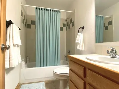 a bathroom with a sink and a toilet and a shower at Echo Hills Mountain Lodge - Evergreen Mountain Top Retreat - Foothills of the Rockies in Evergreen