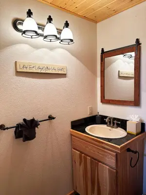 a bathroom with a sink and a mirror at The Carriage House, Walk to River & Lake, In Town in Grand Lake