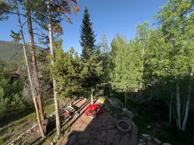an overhead view of a backyard with a fire pit at The Red Bears Den, Walk to River & Lake, In Town in Grand Lake