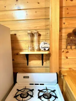 a stove in a kitchen with a wooden wall at The Red Bears Den, Walk to River & Lake, In Town in Grand Lake