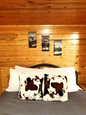 a bedroom with a bed with a wooden wall at The Red Bears Den, Walk to River & Lake, In Town in Grand Lake