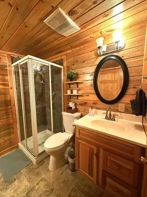 a bathroom with a toilet and a shower and a sink at The Red Bears Den, Walk to River & Lake, In Town in Grand Lake