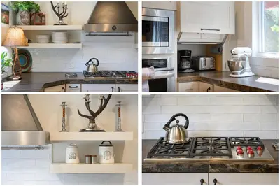 a kitchen with white cabinets and a stove top oven at The River House home in Grand Lake