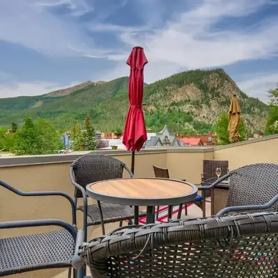 Patio with Peak 1 Mtn View Main Street Frisco Condo