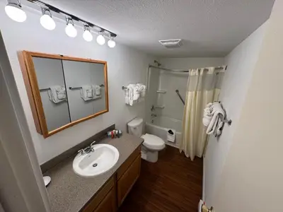 a bathroom with a sink and a toilet and a mirror at Condo 2BR on Winter Park Ski Bus Route for Christmas in Fraser