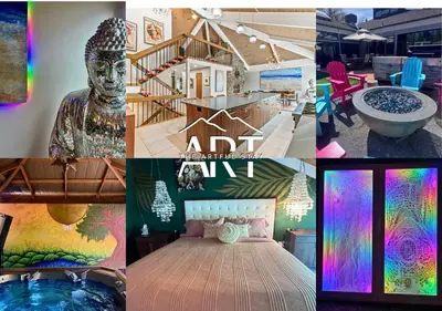 a collage of pictures of a hotel with a room at Artful Stay, Downtown, Spacious, LED Art, Hot Tub in Denver
