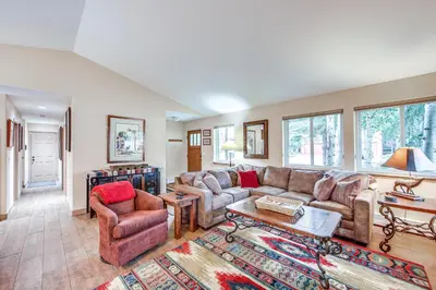 a living room with a couch and two chairs at Walk to Ski Shuttle Dtwn Frisco Gem with Fireplace! in Frisco