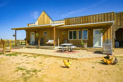 a wooden house with a picnic table in front of it at Yak Ranch with Mountain Views, Near Wellington!