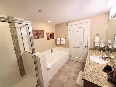 a bathroom with a tub and a shower and a sink at Amenities Deck Level, Walk to Gondola WP Resort in Winter Park