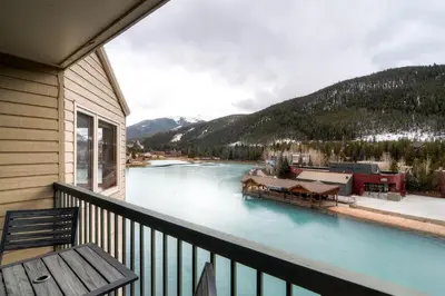 a view of a river from a balcony at Studio in Lakeside Village, Updated Kitchen & Bath apts in Keystone