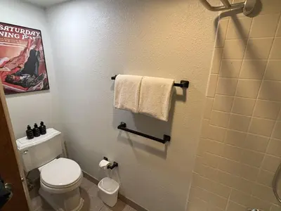 a bathroom with a white toilet and a shower at Studio in Lakeside Village, Updated Kitchen & Bath apts in Keystone