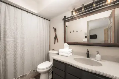 a bathroom with a toilet and a sink and a mirror at Bright & Spacious Mtn Retreat in Fraser