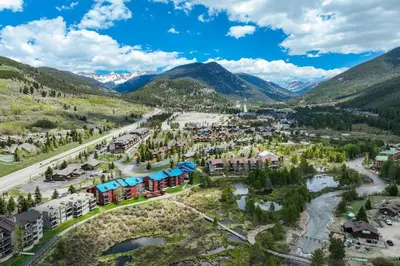 an aerial view of a resort in the mountains at Gateway Studio - Pool, Hot Tub, Walk to Slopes in Keystone
