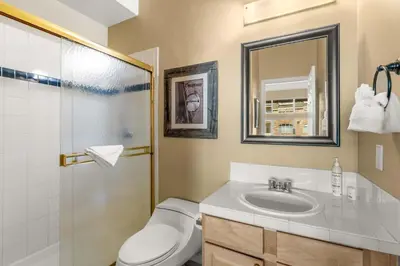a bathroom with a toilet and a sink and a shower at 2 Bedroom Hot Tub Fireplace Walk to Lake Dillon in Frisco