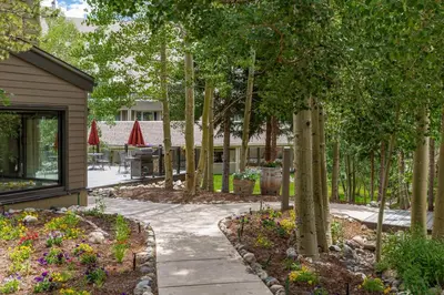 a garden with trees and a walkway at Pines 2166 in Keystone