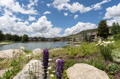 a view of a lake with flowers at Lakeshore 4 in Keystone