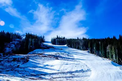 a snow covered slope with trees on the side at Lakeshore 4 in Keystone